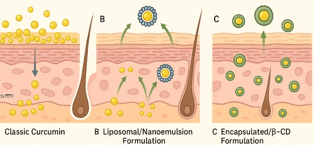 Infografika – porównanie wchłaniania kurkuminy przez skórę: A) klasyczna kurkumina – słaba penetracja; B) formulacja liposomalna/nanoemulsja – wyraźnie lepsze przenikanie; C) kapsułkowanie/β-cyklodekstryna – najwyższa dyfuzja do głębszych warstw skóry.
